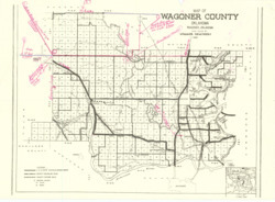 ["This map showcases Wagoner County, Oklahoma, highlighting the locations of segregated schoolhouses throughout the area. It includes annotations and labels for eight highway or water projects. The map, measuring 16 x 22 inches, is a historical piece available for purchase through Wagoner Newspapers. It is inscribed and annotated in maroon."]