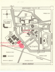 ["The document is a site plan for the Oklahoma State Fair Grounds, showcasing labeled buildings and annotations that highlight the addition of two structures. This planimetric map measures 11 x 8 1/2 inches and includes inscriptions and annotations in red pencil."]