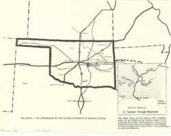 ["The map showcases Oklahoma's highways, highlighting the Arkansas River and its navigation project. It measures 8.5 by 11 inches."]
