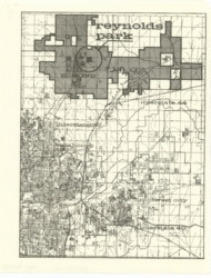 ["This map showcases a significant portion of Oklahoma County, with its eastern boundary extending two ranges east of Lake Hiwassee and its western boundary marked by Oklahoma State Highway 74. The city limits of Edmond are highlighted and shaded, and the location of Reynolds Park is also marked. The map measures 11 by 8 1/2 inches."]