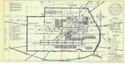 ["This document serves as the master site plan for Will Rogers Airport in Oklahoma City, Oklahoma. It outlines future developments, including buildings, pavements, and hangars, along with proposed changes to property lines. The plan is marked and annotated in red pencil with the note Schulte Property. It is a diazotype, blueline print measuring 11 1/2 by 22 13/16 inches, and is associated with Project No. 9-34-031-6111."]