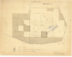 ["This map is a plat of Will Rogers Airport, detailing the property currently owned, the property previously approved for purchase, and the property included in the current resolution. Notations in blue pen indicate the New Terminal and the Schulte Property. The map is a diazotype in dark brown, measuring 8 1/2 by 11 inches, with additional inscriptions in blue pen."]