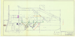 ["This document is a site plan for the Wiley Post Airport in Oklahoma City, Oklahoma, featuring color-coded annotations. It was originally attached to Items 47, 48, 49, 50, and 51. The site plan is a diazotype, blueline print, measuring 8 1/2 by 17 1/16 inches, and includes inscriptions and color-coded annotations."]