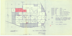 ["This map is a plat of Will Rogers World Airport, detailing the land owned by the city and additional areas suggested for acquisition. It also marks the locations of various projects, with seven tracts highlighted in red pencil. Originally, this map was attached to Items 47, 48, 49, 50, and 51. The map is a diazotype, blueline print, measuring 8 7/16 x 17 1/16 inches, with red pencil shading."]
