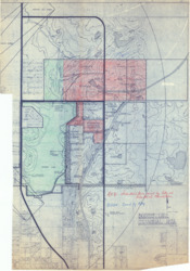 ["The map is a plat of the Boomer Lake Industrial Area, highlighting two hand-shaded sections. The green section indicates land owned by the City of Stillwater, while the red section represents the industrial area owned either by the City of Stillwater or the Stillwater Industrial Foundation. The map is a diazotype, blueline print, measuring 28 7/16 by 19 7/8 inches."]