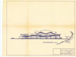 ["The blueprint illustrates the exterior elevation of the Poteau Community Center located in Poteau, Le Flore County, Oklahoma. It is a positive blueprint focusing on the masonry plan, measuring 17 1/4 by 22 inches. This is Project No. T-259, and it is Sheet No. 2 of 2."]