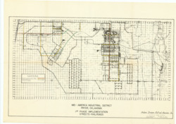 ["The document is a site plan of the Mid-America Industrial District in Pryor, Oklahoma, showcasing the First Phase Implementation of streets and railroads. It includes annotations in red and yellow. The dimensions of the site plan are 20 1/2 x 28 5/16 inches."]