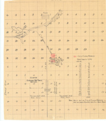 ["This sketch map depicts the areas around Foss and Burns Flat in Oklahoma, highlighting the locations of various water wells. It also shows the property boundaries, shaded in red pencil, for land owned by the City of Clinton. Additionally, the map includes a table listing the Rated Capacity GPM (gallons per minute) for each water well. The map is a diazotype, blueline print, measuring 21 1/8 by 18 inches, with shaded areas marked in red pencil."]