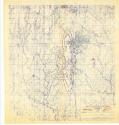 ["This map is a contour representation of the region within an average radius of 121 miles around Vance Air Force Base in Enid, Oklahoma. It features an isoline map that displays decibel levels, highlighting the Noise Hazard Area as defined by the Zoning Ordinance. The map is a diazotype, blueline print, measuring 24 1/2 by 23 inches, and includes inscriptions in orange marker."]