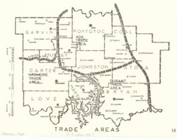 ["The map showcases the counties of Garvin, Pontotoc, Murray, Coal, Carter, Johnston, Atoka, Love, Marshall, and Bryan in Oklahoma. It highlights the boundaries that delineate the Ada, Ardmore, and Durant Trade Areas. The map dimensions are 8.5 by 11 inches."]