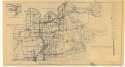 ["The map highlights proposed water lines in red and future water lines in yellow. It was originally attached to Item 108, a watermain map. This topographic map, a diazotype blueline print, measures 18 3/4 by 33 1/2 inches and includes annotations in red and yellow."]