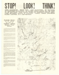 ["This notice urges the completion of the Turkey Creek upstream flood prevention project over the Army Engineers' Bison Dam. It includes a watershed map and is presented as a broadside, measuring 22 1/8 by 17 1/8 inches."]