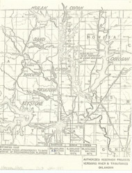["This map depicts the authorized reservoir projects along the Verdigris River and its tributaries in Oklahoma. It is a hydrologic map, also known as a watershed map, and is presented as a xerographic copy measuring 11 by 8 1/2 inches."]
