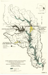 ["This map showcases the watershed of the Caney River, a tributary of the Verdigris River within the Arkansas River Basin. It highlights the needs for water resources development in the area. The hydrologic map measures 16 15/16 by 10 15/16 inches and is labeled as Exhibit II, featuring shaded areas to indicate specific details."]