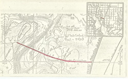 ["This document is a topographic map depicting the access road that links U.S. 69 with Lodge. It is a relief map presented as a xerographic copy, measuring 8 1/2 by 14 inches, and includes red annotations."]