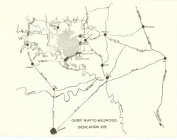 ["The map depicts the Millwood Dam and Reservoir located on the Little River in Arkansas. It measures 8.5 by 11 inches and includes an inscription on the back."]