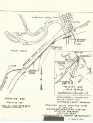 ["This document outlines the site plan for the proposed bridge over the Red River, located at Fulton in Miller and Hempstead Counties, Arkansas. The site plan measures 10 1/2 by 8 1/16 inches."]