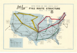 ["This map serves as a representation of the national airline routes for the United States Air Force Logistic Airlift. It highlights three specific routes. The map is in color, measures 10 1/2 by 15 1/2 inches, and is labeled with the code AF-WP-O-JUL 61 3M. Additionally, it includes annotations."]
