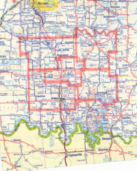 ["This map showcases southern Oklahoma, highlighting Garvin, Pontotoc, Murray, Carter, and Johnston Counties with their boundaries marked in pink. Originally part of a larger map, it has been trimmed to its current dimensions of 6 1/16 by 5 5/8 inches. The map is in color and includes annotations."]