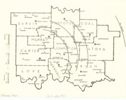 ["The map showcases the counties of Garvin, Pontotoc, Murray, Coal, Carter, Johnston, Atoka, Love, Marshall, and Bryan in Oklahoma. It measures 8.5 by 11 inches."]