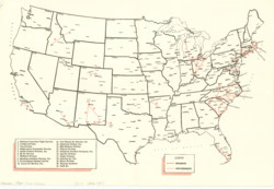 ["This map showcases an airline map of Local Service Airlines in the United States, highlighting whether the airlines are members-only. On the reverse side, there is an inscription in red pen that reads: [Commerce], [Aviation], Local Service Airline. The map, which is national and in color, measures 12 13/16 x 18 3/4 inches. Additionally, the reverse side is inscribed with: Comm Av.-Local Service Airline."]