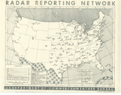 ["This map of the United States highlights the locations and types of various radar installations. Accompanying the map is a legend that includes a list of cooperating entities. The map is a national xerographic copy, measuring 8 x 10 1/2 inches."]