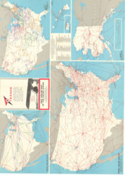 ["This document is an airline map of the United States, featuring six distinct maps that showcase various types and locations of airline routes. These include Principal Non-Stop Routes, Regional Airline Routes, Trunk Airline Routes, and routes for Hawaii, Puerto Rico, and Alaska. The map is a national gel-lithograph in color, measuring 31 by 43 5/16 inches. The reverse side is inscribed with ifr Av. Gen."]