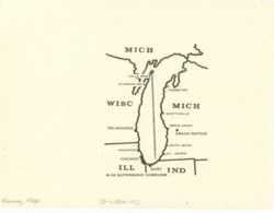 ["This map depicts the B-58 Supersonic Corridor as it traverses Lake Michigan. It was originally attached to Item 143 and is a regional xerographic copy measuring 8 by 10 1/2 inches."]