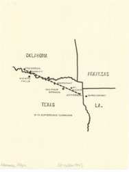 ["This map depicts the B-58 Supersonic Corridor, which stretches from Frederick, Oklahoma, to Jefferson, Texas. It is a regional xerographic copy, measuring 10 1/2 by 8 inches."]