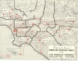 ["This map showcases the Los Angeles Airways' Helicopter System, originally linked to Items 147 and 148. It is a topographic airline map measuring 17 by 21 7/8 inches and is inscribed with Av. Gen., Los Angeles Airways."]