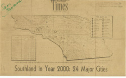 ["This document is a dual spectrum copy of a map, table, and headline from a newspaper discussing future new key cities in California. It seems to have been sent to Monroney by Los Angeles Airways, Inc. The topographic map, which is inscribed, measures 8 7/16 x 14 inches."]