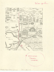 ["This map is a xerographic copy of a road map depicting a section of Washington, D.C. It includes annotations and an inscription marking the Washington Channel Landing. The map measures 10 1/2 by 8 inches and features red pen markings."]