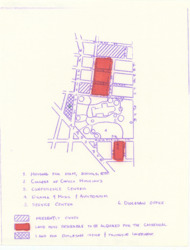 ["This document outlines a Plat map, which is an orthographic projection of the area designated for a Cathedral. The map measures 11 x 8 1/2 inches and includes shaded areas."]