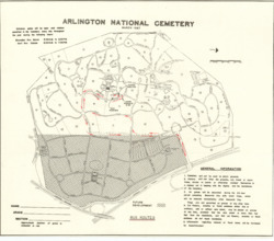 ["This map showcases the bus route to and from Arlington National Cemetery, highlighted in red pencil. The map measures 12 15/16 by 14 15/16 inches and includes annotations."]