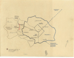 ["The map depicts the Washington Metropolitan Exchange Area, highlighting the regions serviced by the Chesapeake and Potomac Telephone Companies. It includes a small section of Dulles Airport, marked in red. Originally, this map was part of Item 158. It is a diffusion transfer print, measuring 8 1/2 by 10 15/16 inches, and features inscriptions and shaded areas."]