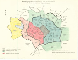 ["The map showcases the Washington Metropolitan Exchange Area, with color-coded shaded regions representing different telephone service coverage zones. The majority of these areas are serviced by branches of the Chesapeake and Potomac Telephone Companies. The map also provides details on individual line rates and the total number of stations in each area. Originally, this map was attached to Item 157. It measures 17 by 22 inches and features shaded areas for clarity."]