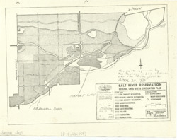 ["The document outlines a land use map for the Salt River Reservation, located east of Scottsdale and north of Mesa in Arizona. It includes an inscription indicating that the plan was approved by the Bureau of Indian Affairs and the Tribal Council on April 20, 1965. The map is a xerographic copy, measuring 8 1/2 by 11 inches."]