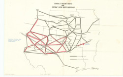 ["This map showcases the regional routes of Central Airlines, with certain routes highlighted in red. The map measures 10 15/16 by 16 15/16 inches and includes inscriptions and annotations."]