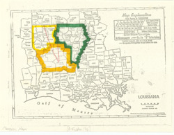 ["This document outlines the flight test area in Louisiana, highlighting the designated test zones and corridors. The map illustrates the districts and identifies the Democratic legislators representing those areas. It was originally attached to Items 174 and 175. The plan is a historical map presented as a xerographic copy, measuring 8 x 10 1/2 inches, and includes annotations."]