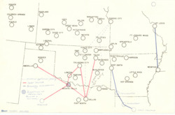 ["This map showcases Central Airlines' route network, with routes color-coded for clarity: blue dashed lines indicate routes with pending exemption applications, red lines represent essential must routes, and solid blue lines denote routes of secondary consideration. The regional airline map measures 11 x 16 15/16 inches and includes annotations and inscriptions."]
