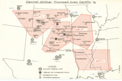 ["This map is a representation of the Central Airlines Proposed Area Certificate, showcasing a regional airline map in color. It measures 8 1/2 by 13 inches and includes annotations."]