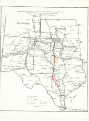 ["This map depicts the routes used for driving cattle from 1866 to 1895, either to shipping points or northern markets. It includes an inscription: Compliments of Jack M Potter - To: Hon. Robert Lee Babbitt, June 22, 1901. This historical regional map is a positive photostat print, measuring 11 3/8 by 8 5/8 inches, and features red annotations."]