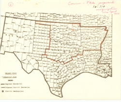 ["This historical regional map, measuring 8 1/2 by 10 5/16 inches and labeled SW-710, depicts the proposed district boundaries as part of a reorganization plan from around April 1964. It was originally attached to Item 183 and includes annotations and inscriptions."]
