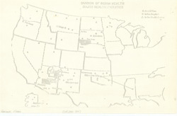 ["This map showcases a national overview of major Indian health facilities, highlighting area offices, Indian hospitals, and Indian health centers. It is a xerographic copy, measuring 8 15/16 by 14 inches."]