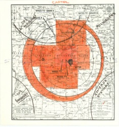 ["The map showcases an isoline representation of the signal range for several Rockford, Illinois stations, such as WCEE-TV, WREX-TV, and WTVO. The areas covered by the signal are shaded in red-orange, with the name Carter inscribed in the same color. This map was prepared for the Rock River Television Corporation and measures 15 1/2 by 14 3/4 inches."]