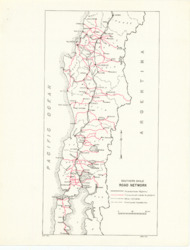 ["This map showcases the transportation network of southern Chile, highlighting the road system. It includes the Panamerican Highway, major railroads, and proposed transversal roads. The map is in color and measures 11 x 8 1/2 inches, identified as IBRD-816."]