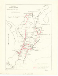 ["The map showcases Colombia's transportation network, highlighting project roads. It includes the national road network, existing railways, railways under construction, and roads from previous Bank projects. The transportation map is in color and measures 11 x 8 1/2 inches, labeled as IBRD-861R."]