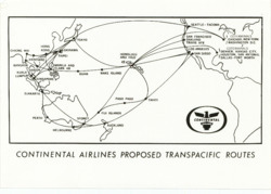 ["The map showcases the proposed transpacific routes for Continental Airlines, presented on photo paper and measuring 7 by 10 inches."]