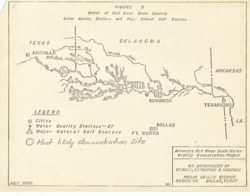 ["This map is a hydrologic representation of the Red River Basin, specifically related to the Arkansas Red River Basin Quality Conservation Project. It is a xerographic copy measuring 8 by 10 1/2 inches."]