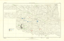 ["The map showcases a topographic representation of reclamation projects in Oklahoma, with color-coding to indicate their status: existing, under construction, proposed, or potential. It uses the Lambert conformal conic projection and measures 18 1/2 by 29 inches, identified as MR-2785."]
